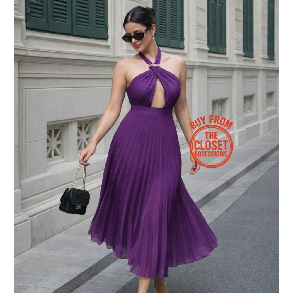 ZARA Purple Halter Pleated Midi Dress NWT Gold Buckle Cutout, Size L, XL